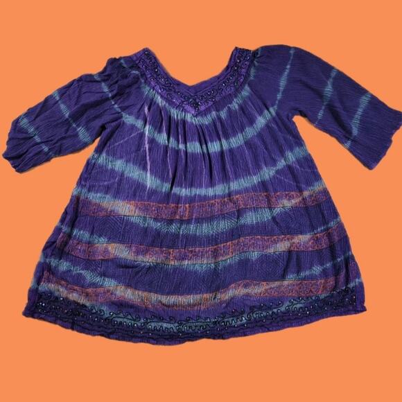 PURPLE TIE DYE FAIRYCORE BLOUSE FESTIVAL EMBROIDERY SEQUINS BEADED WHIMSYGOTH - Picture 1 of 5